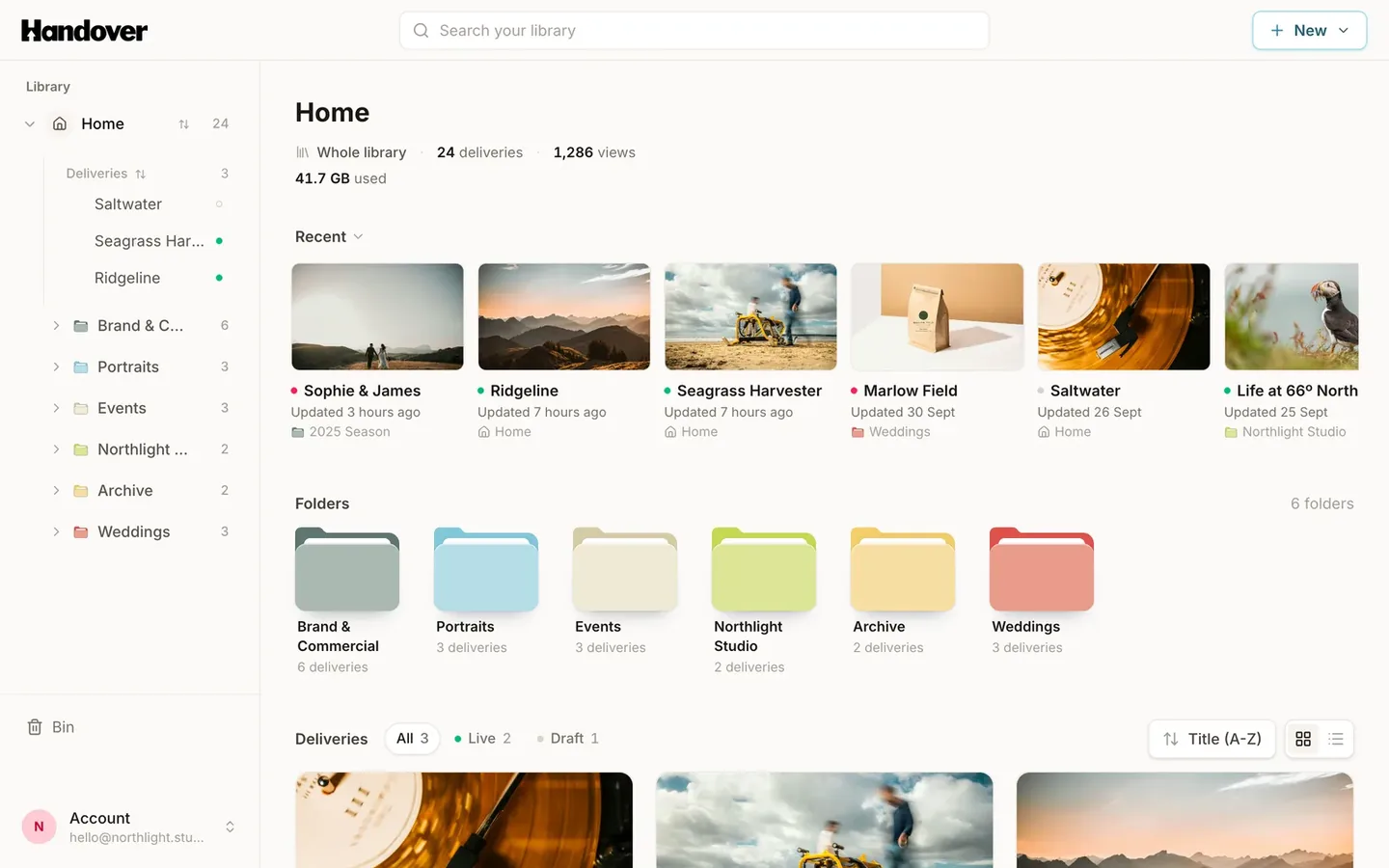 The Handover dashboard with recent deliveries, folders and library stats