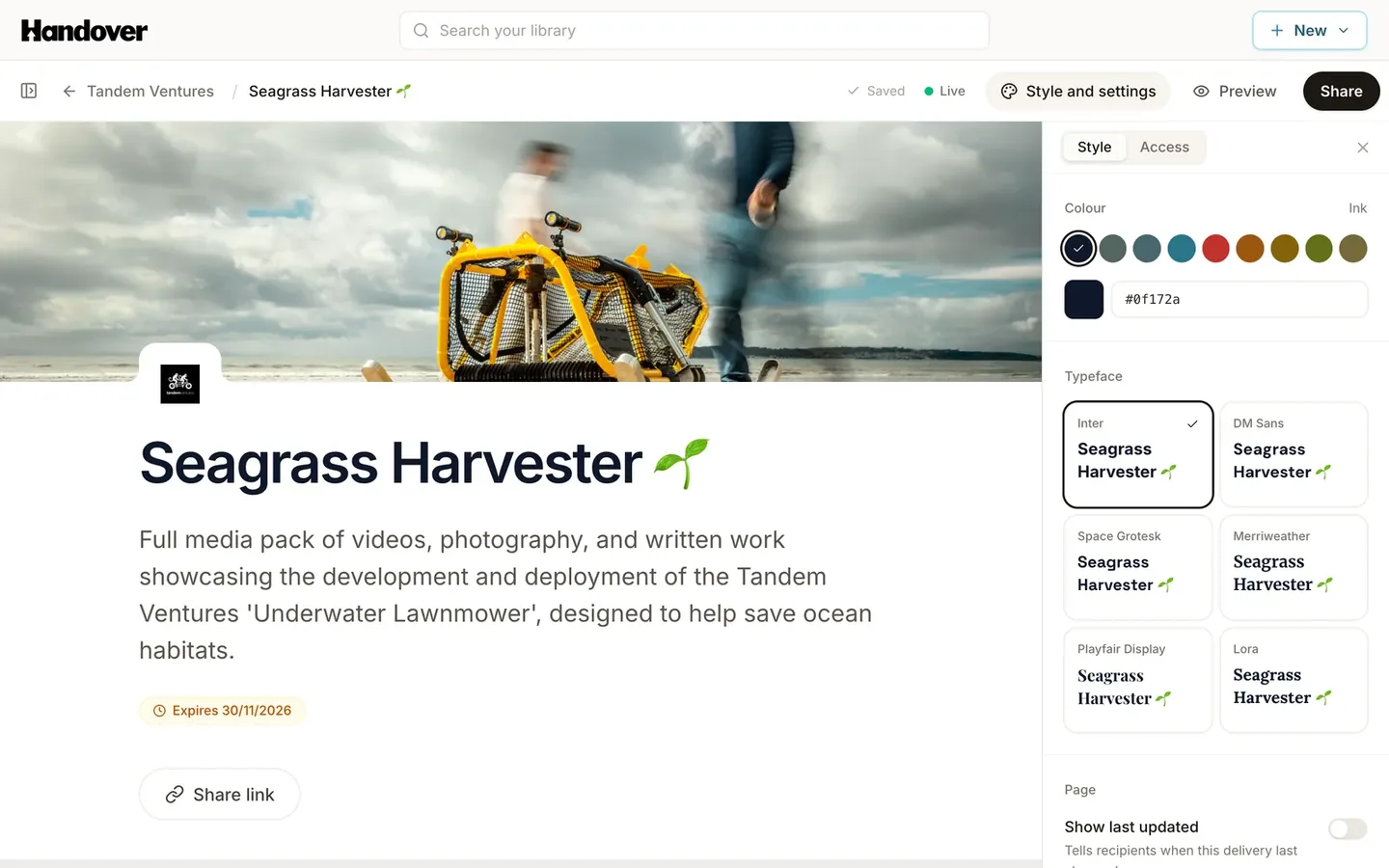The Handover editor with the style panel open, showing colour and typeface choices for a delivery page