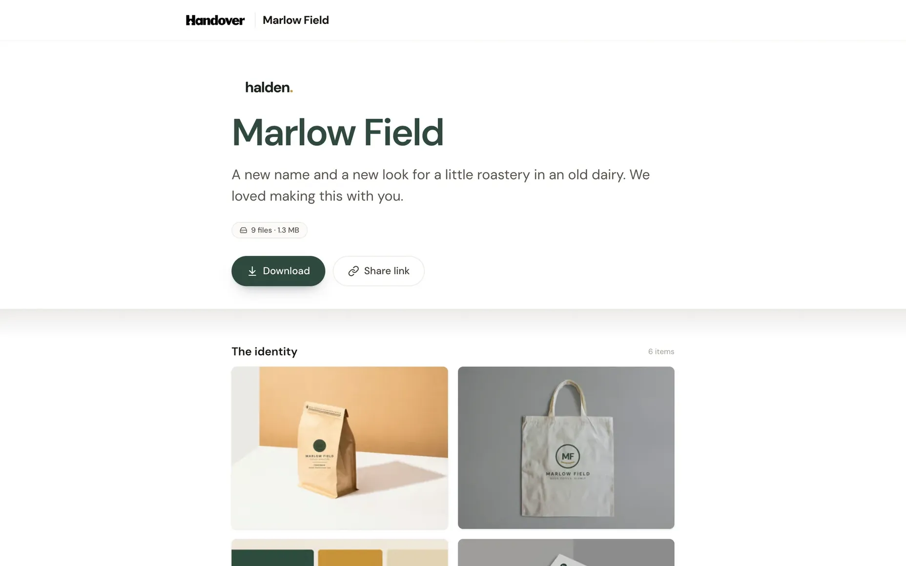 Marlow Field brand identity delivery page by Halden