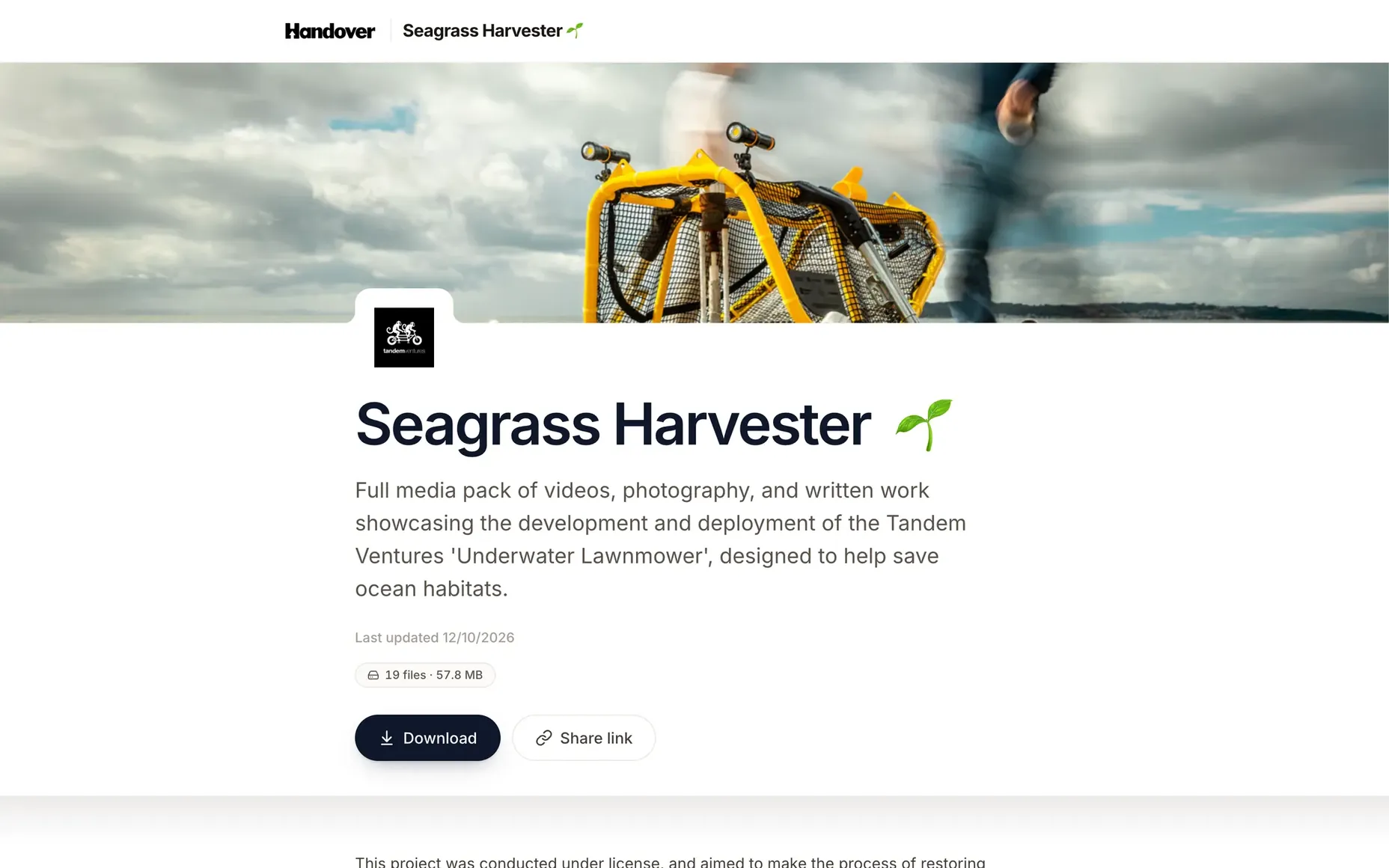 Seagrass Harvester press kit delivery page by Tandem Ventures