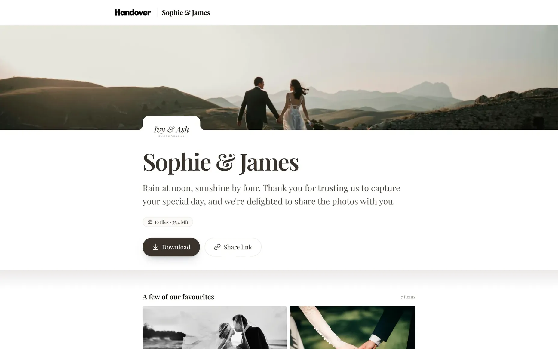 Sophie & James wedding photo delivery page by Ivy & Ash